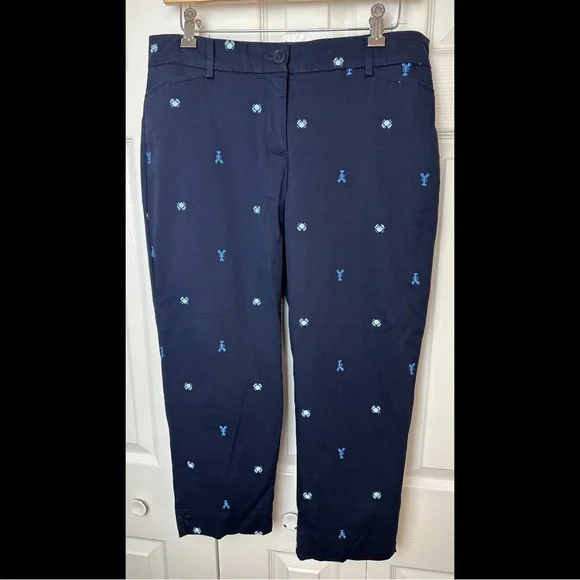 TALBOTS Petite The Perfect Crop Curvy Pants Capri Embroidered Crab Lobster Blue - Picture 2 of 8
